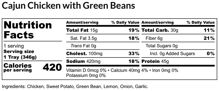 Nutritional Facts - Cajun Chicken with Green Beans 6oz
